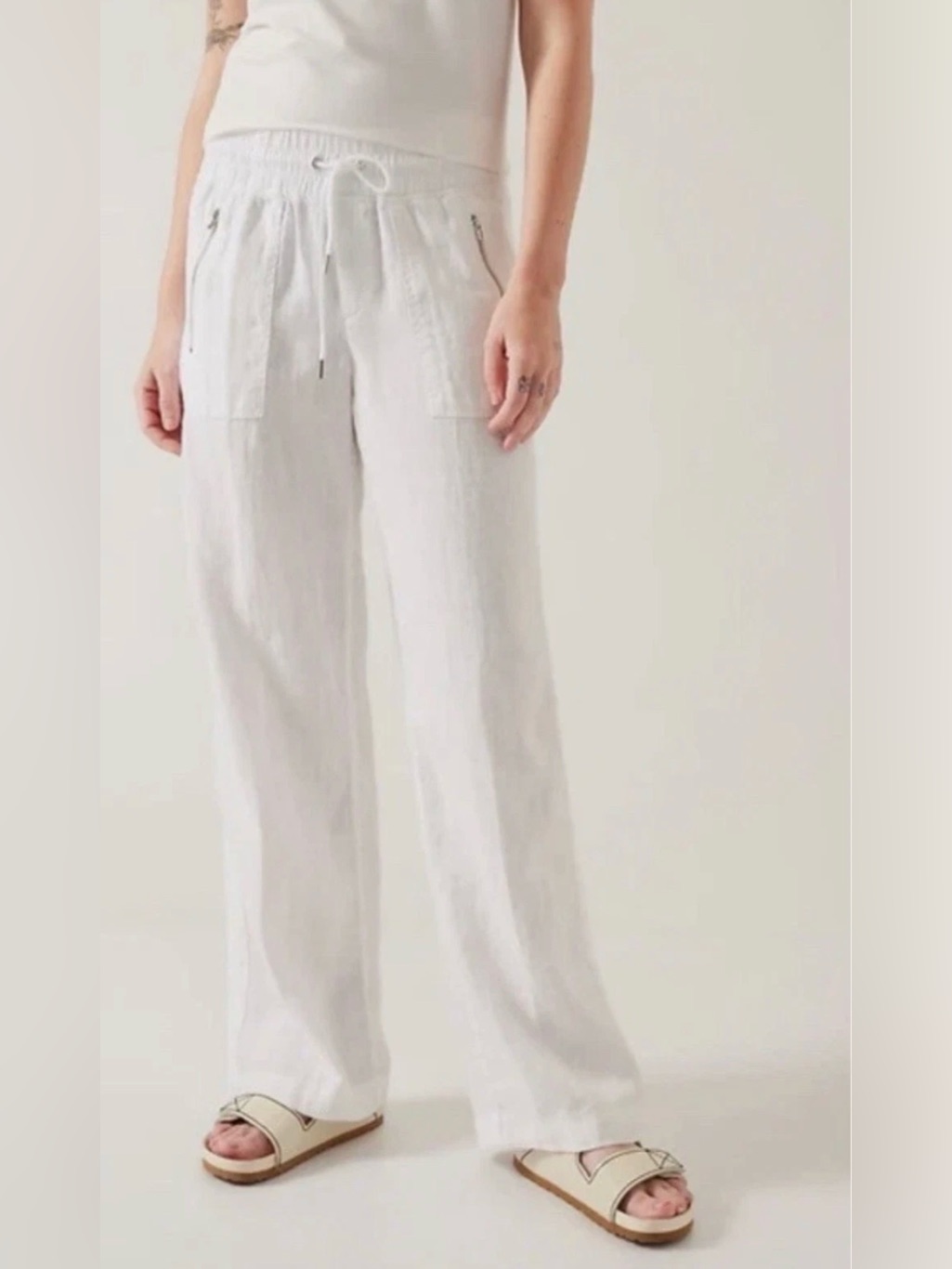 Athleta Cabo Linen Wide Leg Pants White Size 14 Drawstring 100% Linen